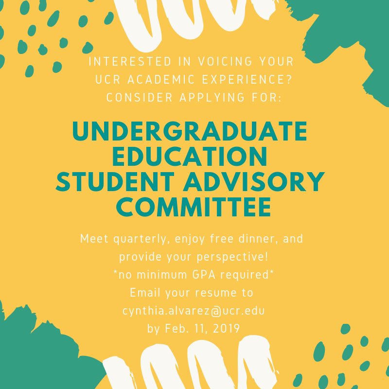 Hey this is an opportunity for all #UCR students even if you are graduating in Spring 2019 ... So check it out … If you are doing academically well or if you feel lost on campus … This committee is for you! .. All voices are welcome!