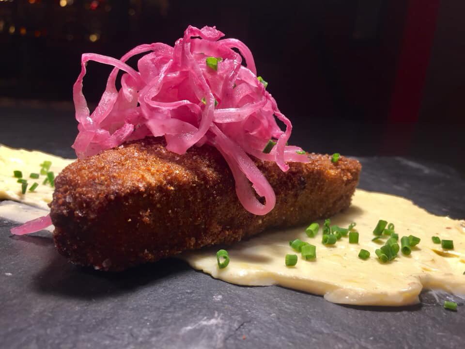 Pig Head, bone marrow aioli. #ChefDeCuisine Christopher Hayes’ theme song should be #AllIDoIsWin