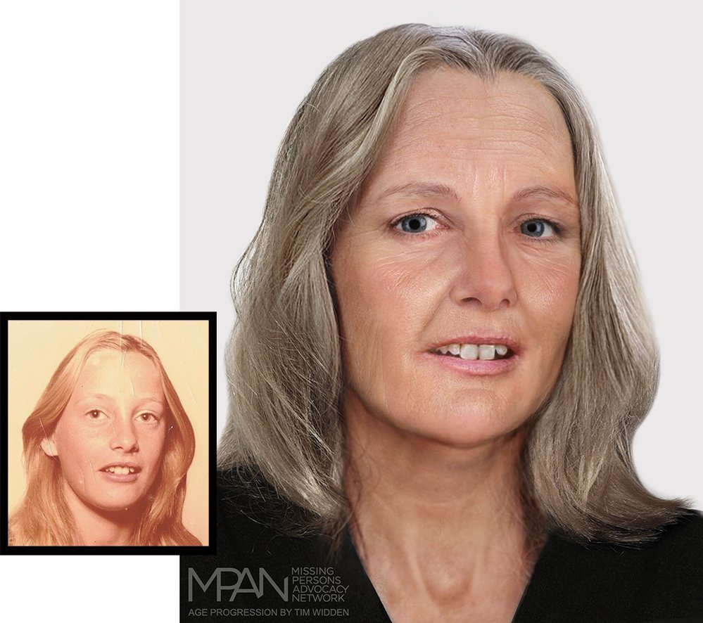 timwidden's tweet image. Elaine Johnson, aged 17, went missing from Sydney, Australia on 1 Feb 1980. My age progression below shows her predicted appearance at age 55. Anyone with information regarding Elaine&apos;s disappearance or current whereabouts should contact New South Wales Police. #Forensicart