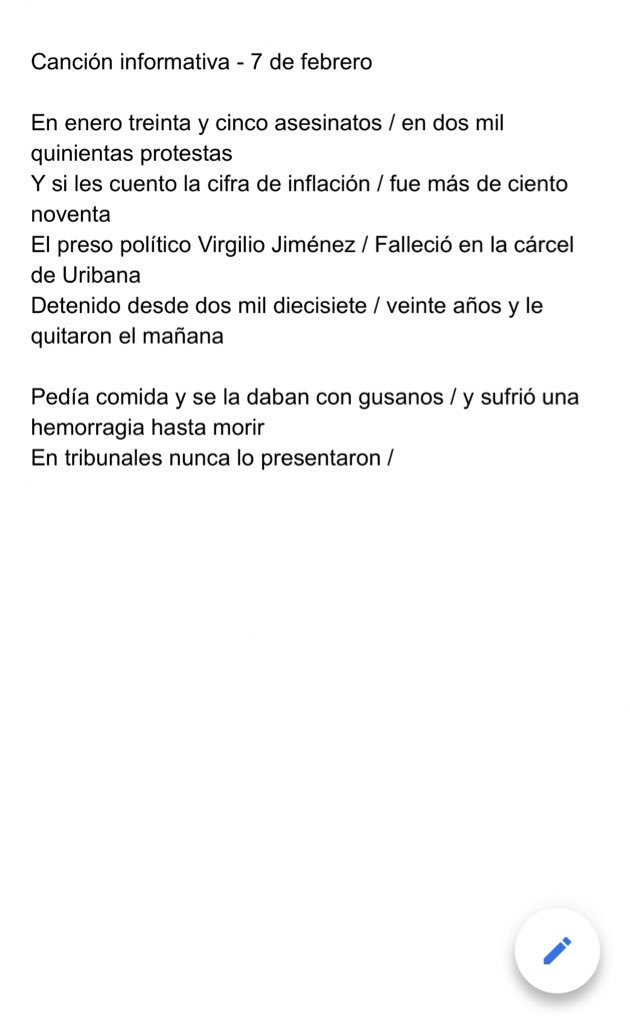 RDelBufalo's tweet photo. Hoy iba a haber #cancióninformativa, pero no puedo terminarla. Quiero contar la historia de Virgilio Jiménez, porque me conmovió mucho, pero no puedo. Me entristece demasiado. Espero que alguien la cuente mejor. Que descanse en paz, que su muerte no sea en vano. https://t.co/yq3EQv7VA0