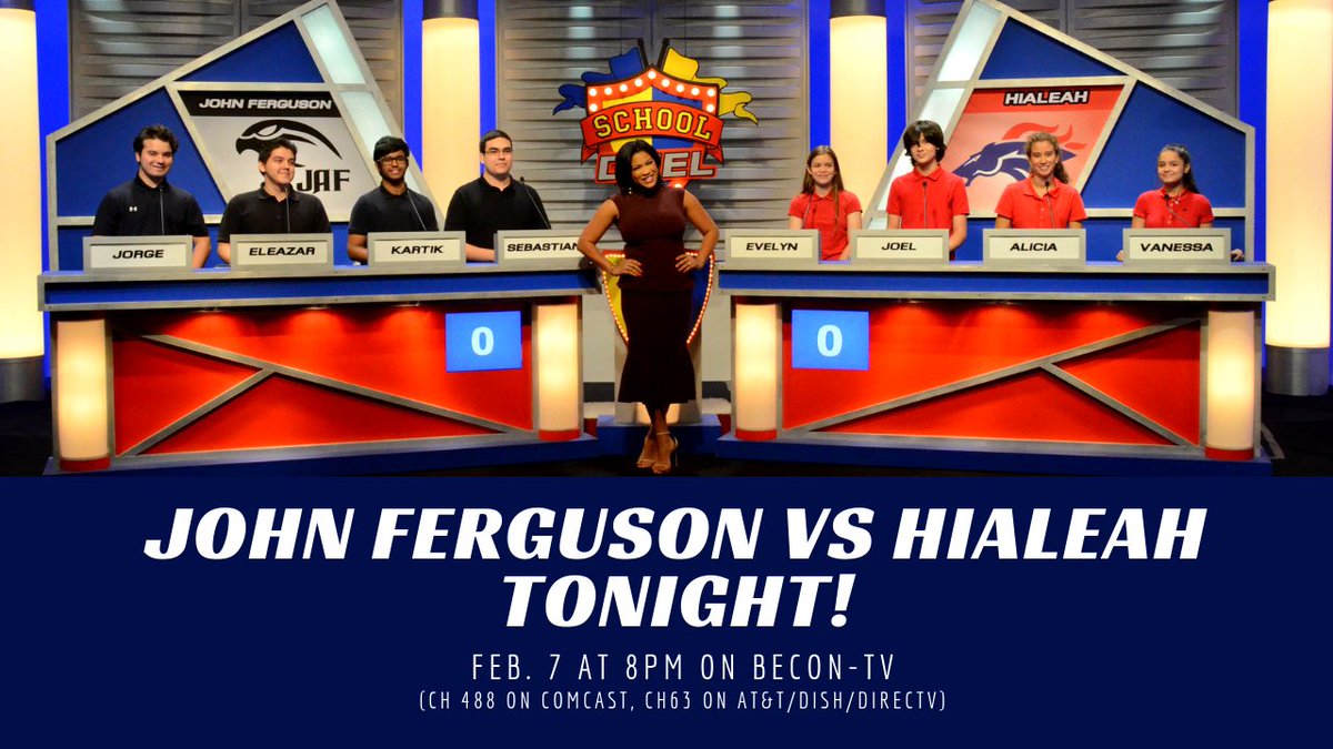 SchoolDuel's tweet photo. Watch #JAFergusonHigh vs #HialeahHigh tonite (2/7) @ 8pm on @BECONTV (ch 488 on Comcast, ch63 on AT&T/Dish/Directv)
@JAF_SGA @FergusonSHS @JAFClassof2019 @AndionJM @vanessa_cid @HialeahSenior @fbnnewss @cityofhialeah @mdccptaptsa @MDCPS @MiamiSup @LISALEEINC @CityofMiami https://t.co/V4v0WFD9Xm