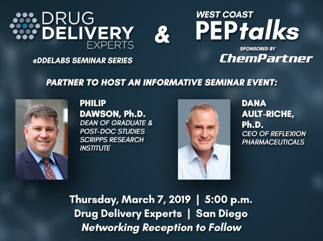 DrugDeliveryExp's tweet photo. Just Announced! Our next DDELabs Seminar speakers will be Phil Dawson and Dana Ault-Riche. Save the Date! Thursday, March 7, 2019 at 5 p.m. More details coming soon...

This event is co-sponsored by ChemPartner's West Coast Pep Talks. https://t.co/wfYyTNBz1I