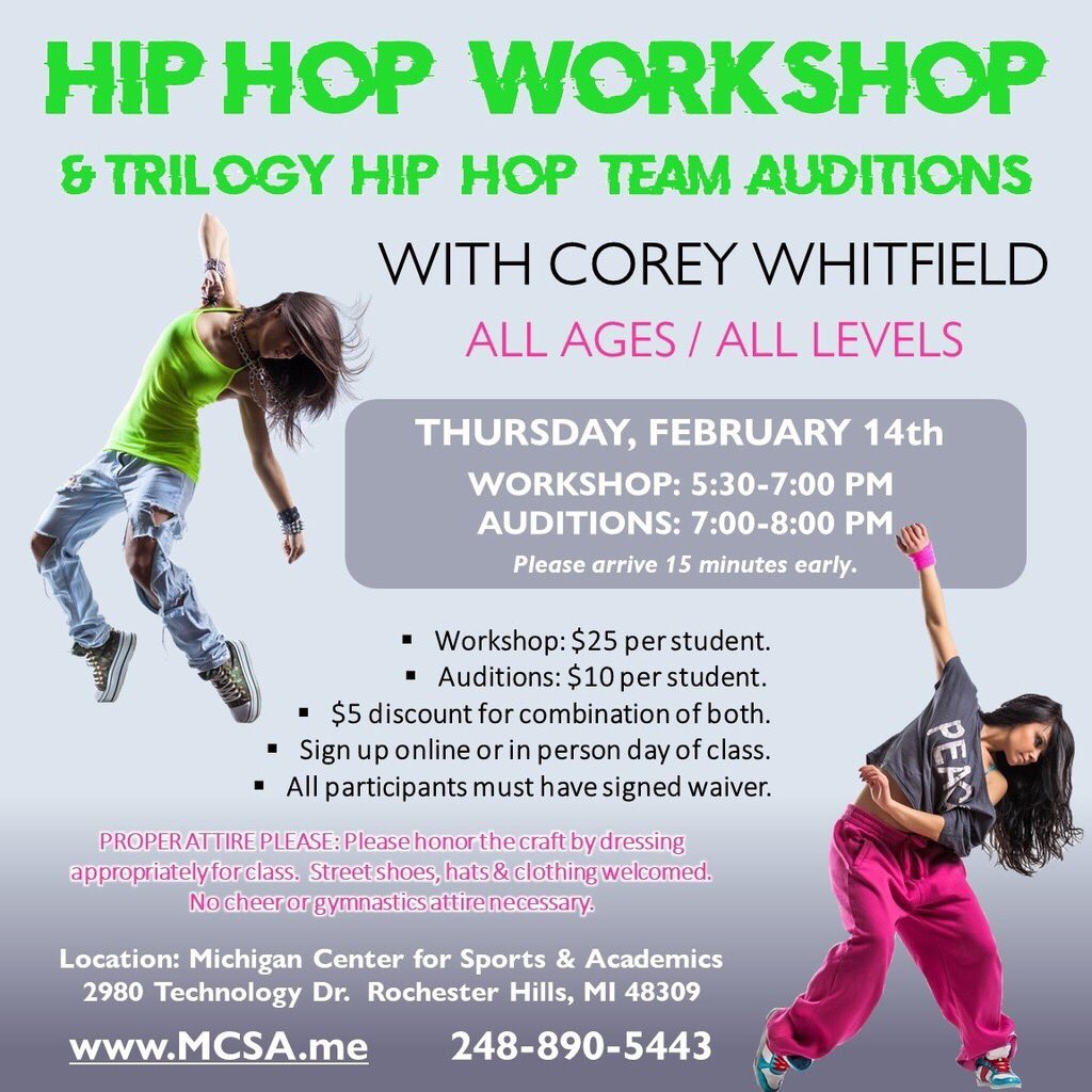 mcsa14's tweet photo. Pleased to announce the launch of our dance program! We are offering a hip hop work shop &amp; a half-season team with Detroit’s legendary Corey “Mission” Whitfield!

Parent Meeting during auditions Thurs, Feb 14th at 7:00pm.

#hiphopdance #hiphop #dance #danceteam https://t.co/6RzXNpH72R