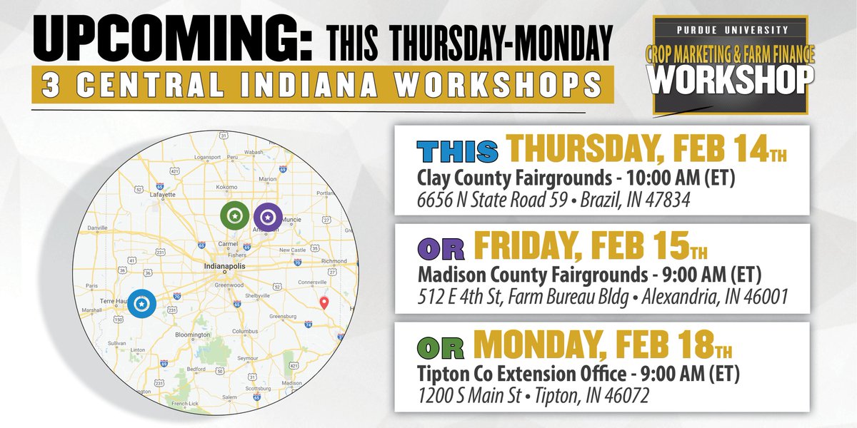 Don't forget to register for one of the Crop Marketing &amp; Farm Finance Workshops happening later THIS WEEK and next Monday. Register at purdue.ag/workshop. <a href="/PurdueExtension/">Purdue Extension</a> <a href="/ANREducator/">Jenna Nees</a> <a href="/PurdueExMadison/">Purdue Ext. - Madison</a> @PurdueExtTipton