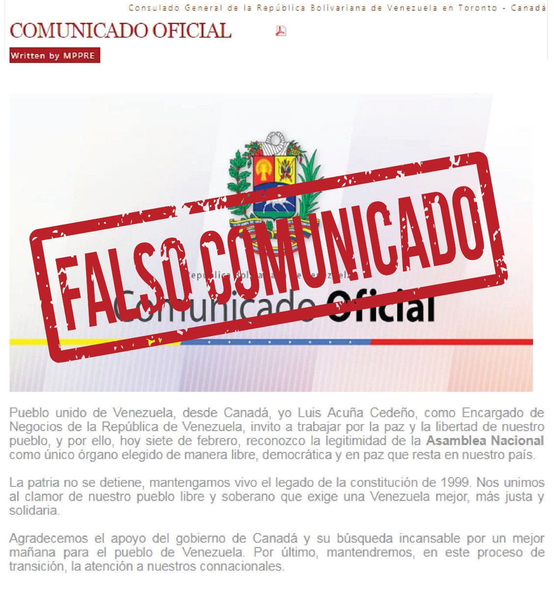 lacunasucre's tweet photo. Oficialmente informo que la imagen que circula sobre el supuesto "Comunicado oficial" es un montaje totalmente falso. Ratifico mi pleno apoyo a @NicolasMaduro y la Revolución Bolivariana. ¡No volverán! @dcabellor @CancilleriaVE @jaarreaza @Mippcivzla https://t.co/tCzmO2nnAm