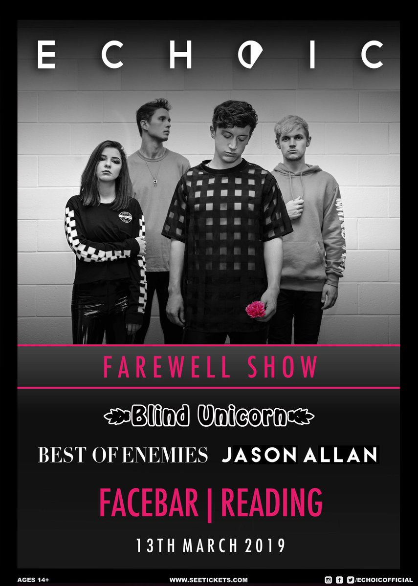 🌷FAREWELL SHOW🌷

Our final show will be in Reading on 13th March 2019 at Facebar, back where it all started! 

There’s probably going to be lots of tears from us, So let’s have the best time and go out with a bang! 

Tickets: seetickets.com/tour/echoic-fa…
