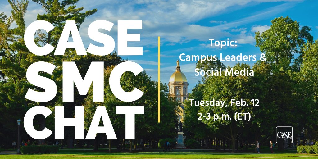 CASEAdvance's tweet photo. Our next #casesmc Twitter chat is Tuesday, led by @lizgross144. We're chatting about campus leadership (deans, VPs, presidents) on social: the challenges, the opportunities and the voices you love to follow. Join us! #hesm #highered #casedal https://t.co/DyeM7fSqCm https://t.co/aMy4ljRMx6