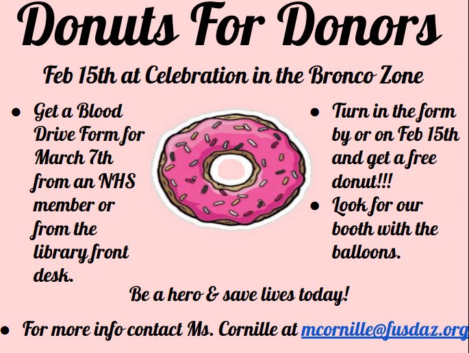PBHS Blood Drive (@pbhsblooddrive) on Twitter photo Treat yourself February 15th with donuts by signing up for PBHS' upcoming blood drive! Turn in forms on or before February 15th to be eligible for a free donut! Find forms at library front desk & return to library desk or at our booth at Celebration!Save lives!🍩❣️ <a href="/PBhighschool/">Poston Butte High School - Florence Unified</a> Treat yourself February 15th with donuts by signing up for PBHS' upcoming blood drive! Turn in forms on or before February 15th to be eligible for a free donut! Find forms at library front desk & return to library desk or at our booth at Celebration!Save lives!🍩❣️ <a href="/PBhighschool/">Poston Butte High School - Florence Unified</a>