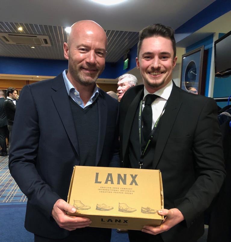 lanxshoes's tweet photo. Big Al (@alanshearer) with his first pair of @lanxshoes #ProperShoes. New LANX staff member Joe making a very good impression in week 1, welcome to the team! #ProperStaff @Rovers @kevingallacher8 https://t.co/oe7YX1NlJ3