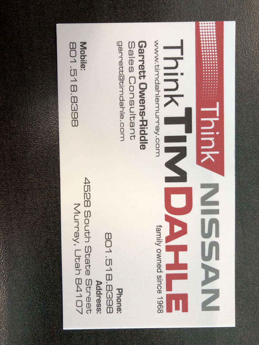 GarrettPCF's tweet photo. @sarahdoody @kengarff @TimDahleNissan @TimDahleSandy Here’s all of my info. If you want to shoot me a call, text, DM, or email With yours, I’ll get you all the info you need and more. 👍🏻🚗 https://t.co/k06tDIN60d