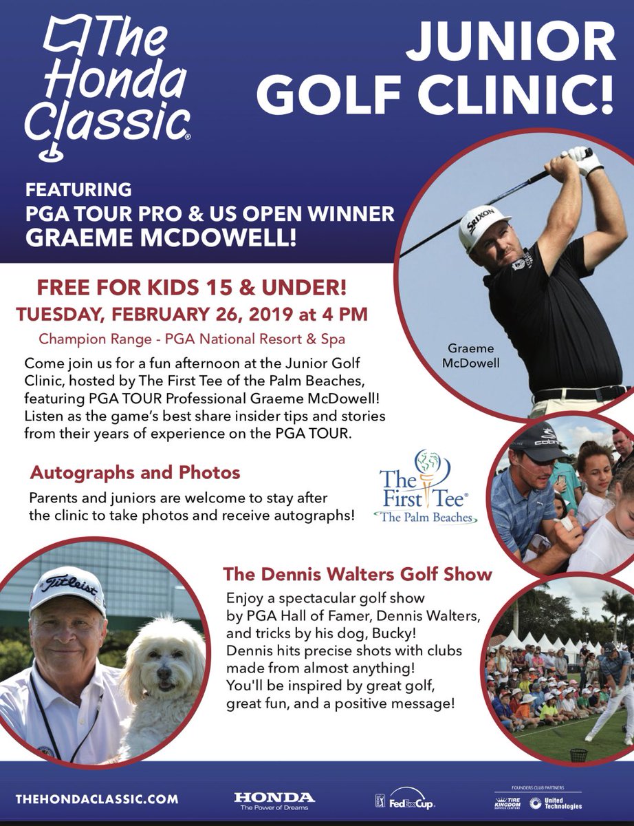 FirstTeePB's tweet image. THE HONDA CLASSIC HAS ARRIVED: Join us on Tuesday, February 26th at 4 PM on the PGA National Champion Range. Autographs &amp;amp; insider tips from golfs greatest legends @Graeme_McDowell and @dwgolfshow Don’t miss it! 

#juniorgolf #juniorclinic #thehondaclassic
