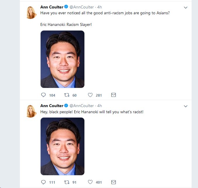 TheSOLRevue's tweet photo. @AnnCoulter @twittersupport @TwitterSafety She specifically picks on ethnic groups She is racist. She promotes hate towards Asians. You kick someone else off but, you never kick off racist inhumane traitorous traitor FARA violating liars, eh @jack ? literally promoting hate https://t.co/UlBc4X2rRB