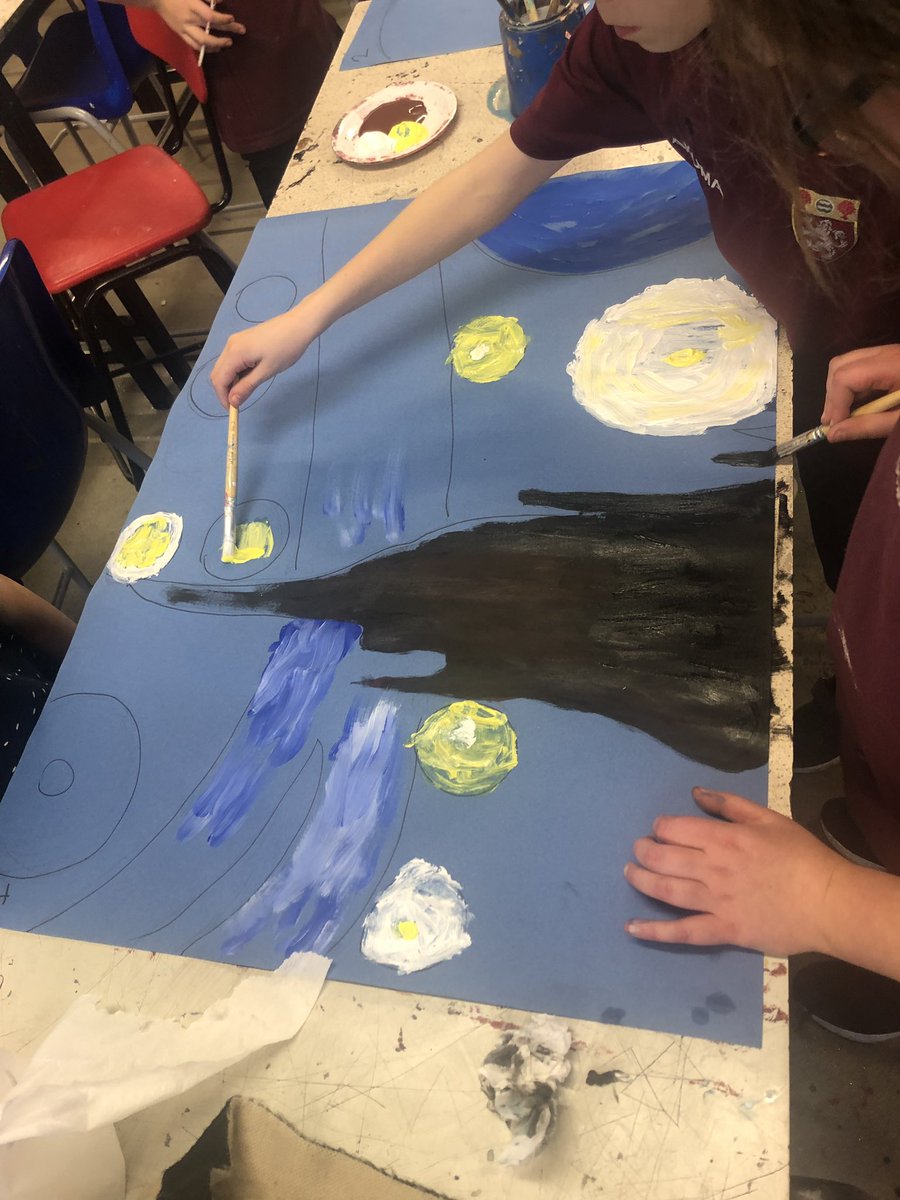 RAAArt2's tweet photo. Today’s after school art club with the juniors years 4 and 5 😊 working on a big piece of artwork called ‘starry night’ by Van Gogh 💫 @RAASchoolGatton https://t.co/JD3WPFmOcv