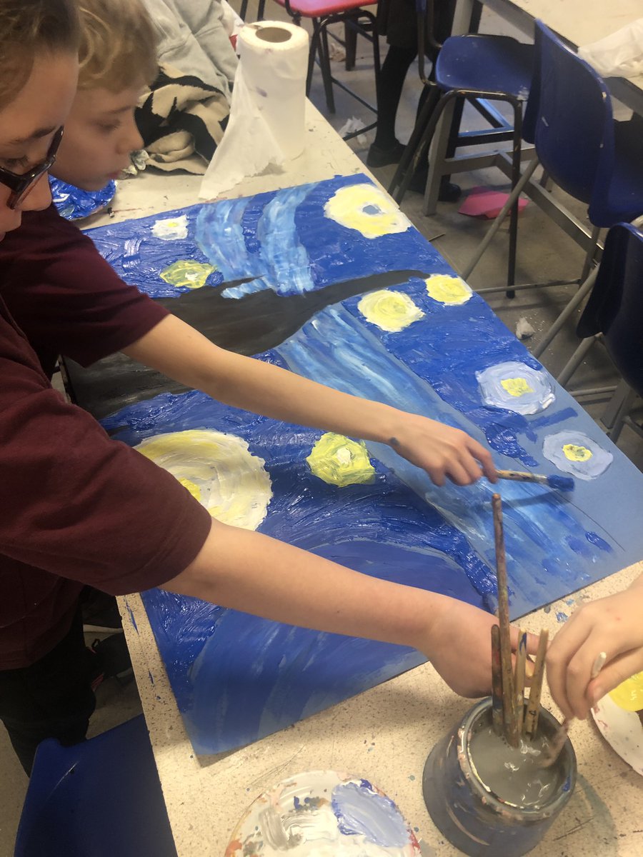 RAAArt2's tweet photo. Today’s after school art club with the juniors years 4 and 5 😊 working on a big piece of artwork called ‘starry night’ by Van Gogh 💫 @RAASchoolGatton https://t.co/JD3WPFmOcv