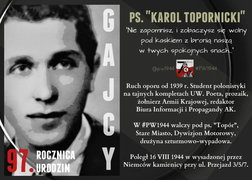 'łamali siwą młodość w płomieniu dom budując jak szafot albo krzyż' 📍 97 lat temu w Warszawie urodził się Tadeusz GAJCY - poeta, Powstaniec Warszawski. Poległ w #PW1944 16 VIII na Starym Mieście. 🔻 Zbigniew Herbert nazwał go 'najbliższym krewnym Norwida'. WSPOMNIJ POLSKO!