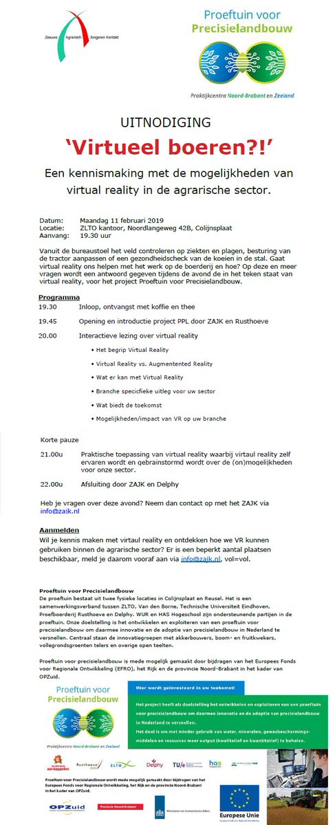 Wil je zelf virtual reality ervaren en kennismaken met de mogelijkheden van virtual reality op jouw bedrijf? 
Meld je aan via info@zajk.nl, er zijn nog een paar plaatsen vrij!