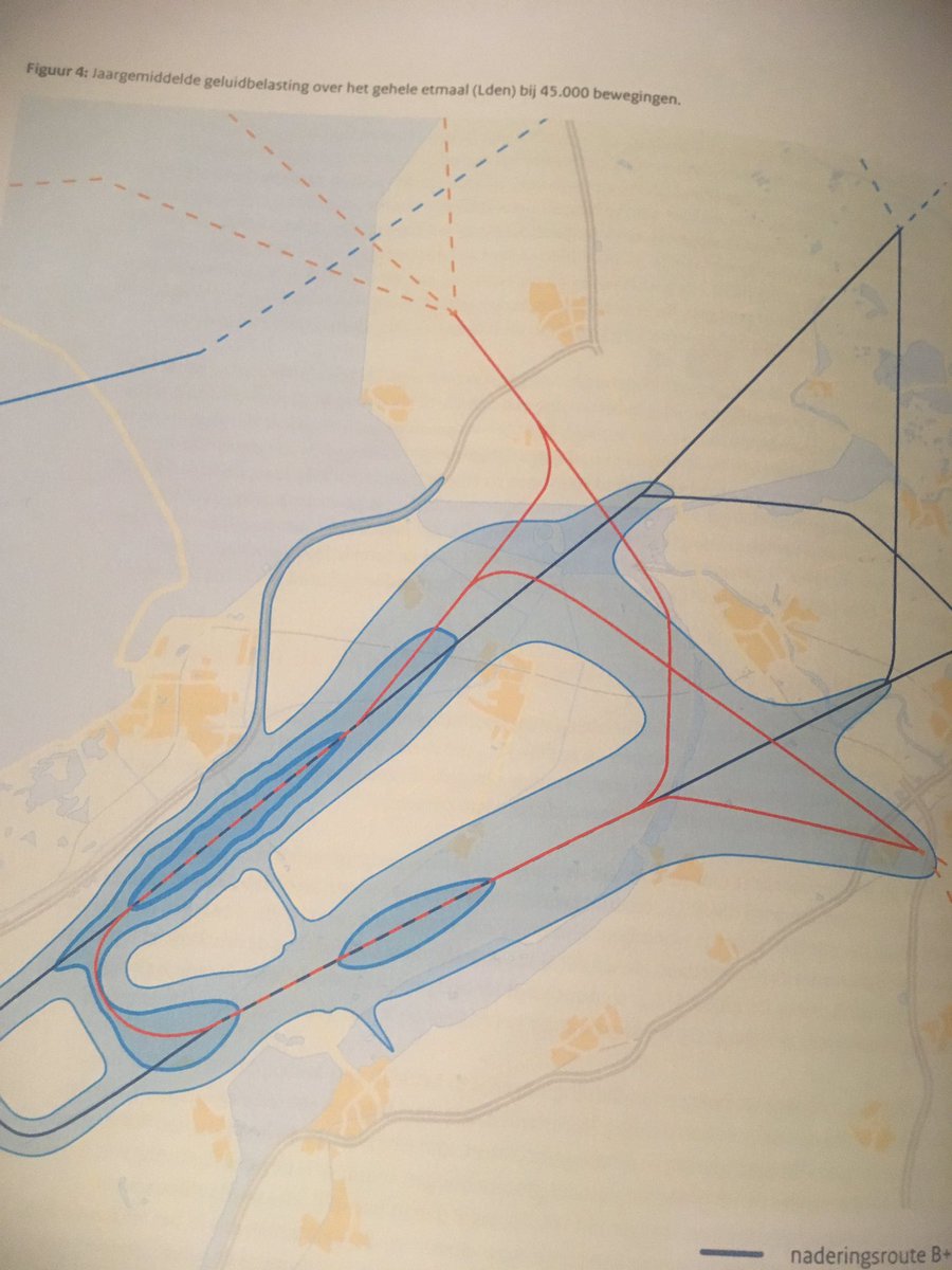 Gek. Vertrekkende vluchten van #lelystadairport (rode lijn) maken kennelijk geen geluid boven #Nagele ? (blauw-paarse geluidscontour).