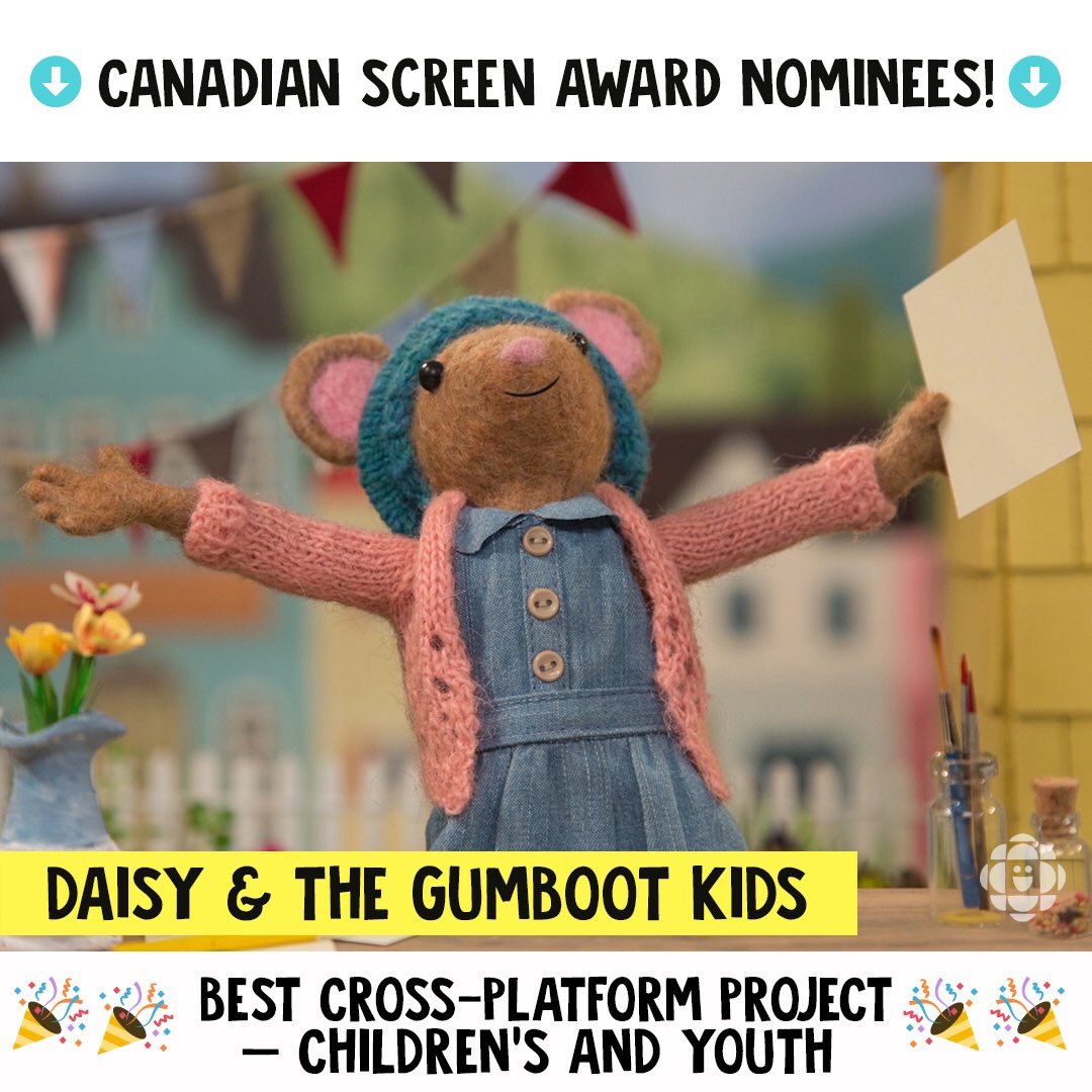 GumbootKids's tweet photo. Eeeek!! Daisy has been nominated for a Canadian Screen Award!! 🇨🇦🏆❤️ #CdnScreenAwards https://t.co/ZKqIuWrN3m