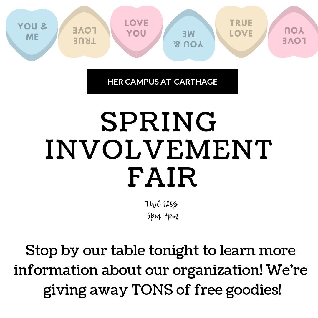 HCCarthage's tweet photo. Happy Spring semester, collegiettes! Tonight we will have a table set up at the Involvement Fair so we hope you’re able to stop by! We will be raffling off a mega basket of #hcsurvivalkits items to celebrate our recent Gold Level achievement!❤️
•
•
•
 #hcxo #hercarthage https://t.co/1fCvTy3Uhg