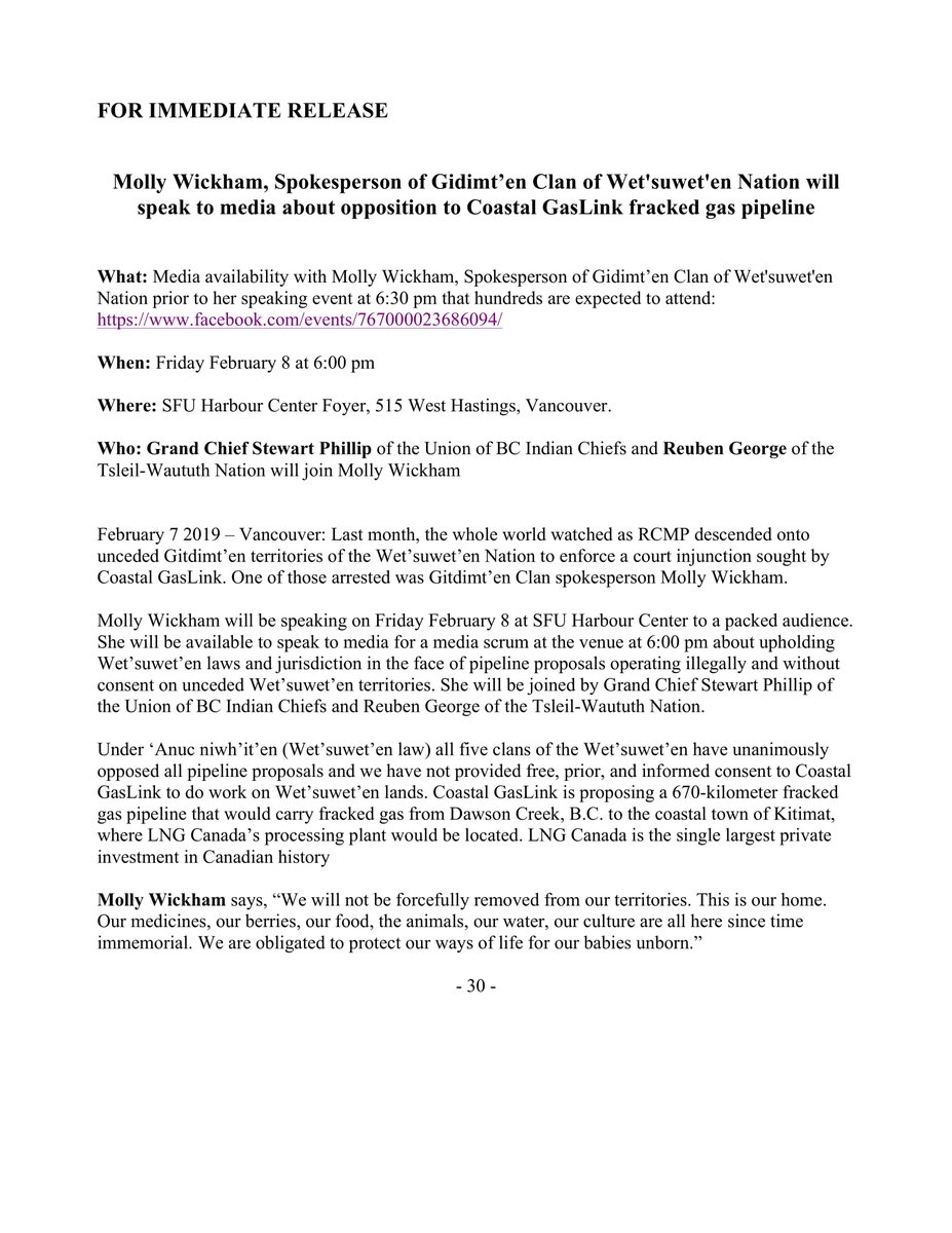 MEDIA AVAILABILITY: Molly Wickham, Spokesperson of Gidimt’en Clan of Wet'suwet'en Nation will speak to media about opposition to Coastal GasLink fracked gas pipeline #wetsuweten READ MORE: bit.ly/2Gg3hZF