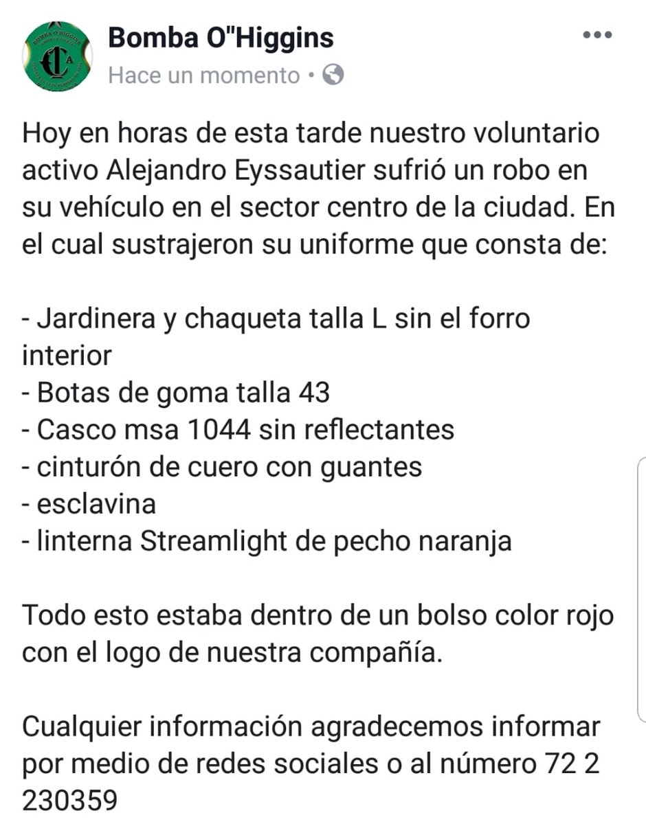 bombaohiggins's tweet photo. URGENTE FAVOR RT #rancagua @EsDeBombero @TerceraRancagua @Zapadores4CBR @bombarancagua @Bombanewyork5 @Bomba_Decima @Bomba_LoMiranda @CarrosBombaCBR @CBRGUA1882 https://t.co/ijXIA3JkSb
