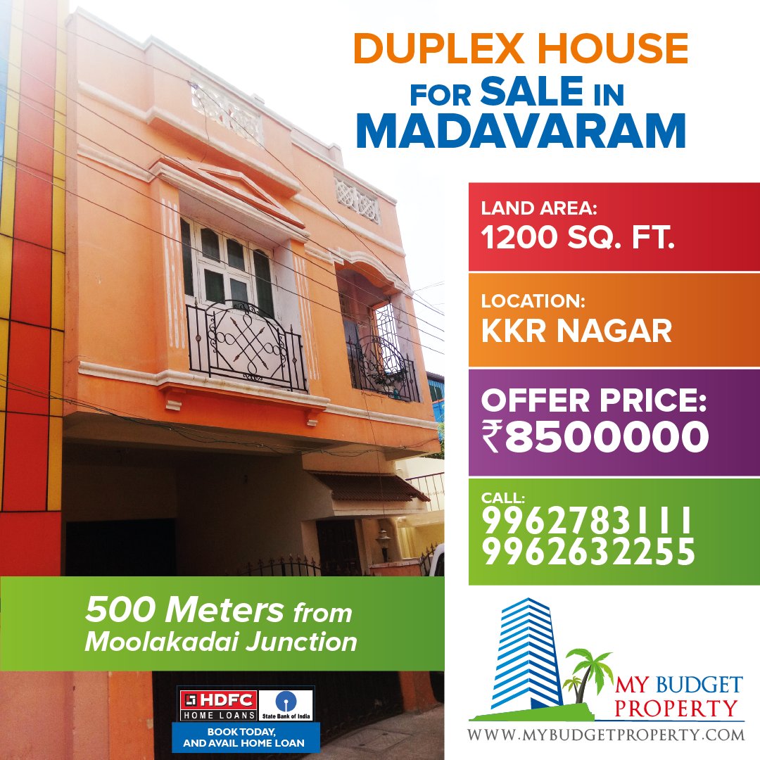#Independent #Duplex #house for sale in #Madavaram, 500 Meters from #Moolakadai Junction. Land Area: 1200 Sq. Ft. Offer price: 85 Lacs (Negotiable). For more details, Please call My Budget Property: 9962783111, 9962632255

mybudgetproperty.com/properties/hou…