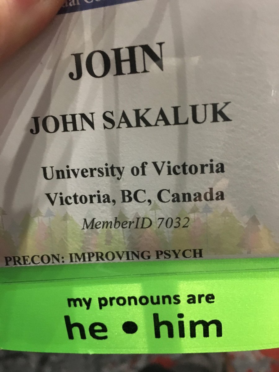 JohnSakaluk's tweet image. Hey #SPSP2019-goers: @SPSPnews is providing pronoun stickers for your badges, near the desks in the registration area. Pick &apos;em up! Thanks for providing SPSP!