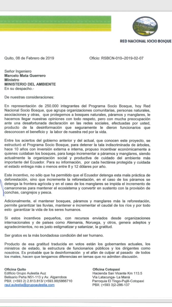 Desde la Red Nacional Socio Bosque hacemos pública nuestra respuesta a las desafortunadas declaraciones del Ministro Mata sobre un programa vital para el Ecuador (1/3). <a href="/Lenin/">Lenín Moreno</a> <a href="/Presidencia_Ec/">Presidencia Ecuador 🇪🇨</a> <a href="/AsambleaEcuador/">Asamblea Nacional</a> <a href="/RaulAulestiaJ/">Raúl Aulestia Jácome</a> <a href="/elcomerciocom/">El Comercio</a> <a href="/eluniversocom/">El Universo</a> @Ambiente_Ec <a href="/Marcelo_Mata/">Marcelo Mata</a>