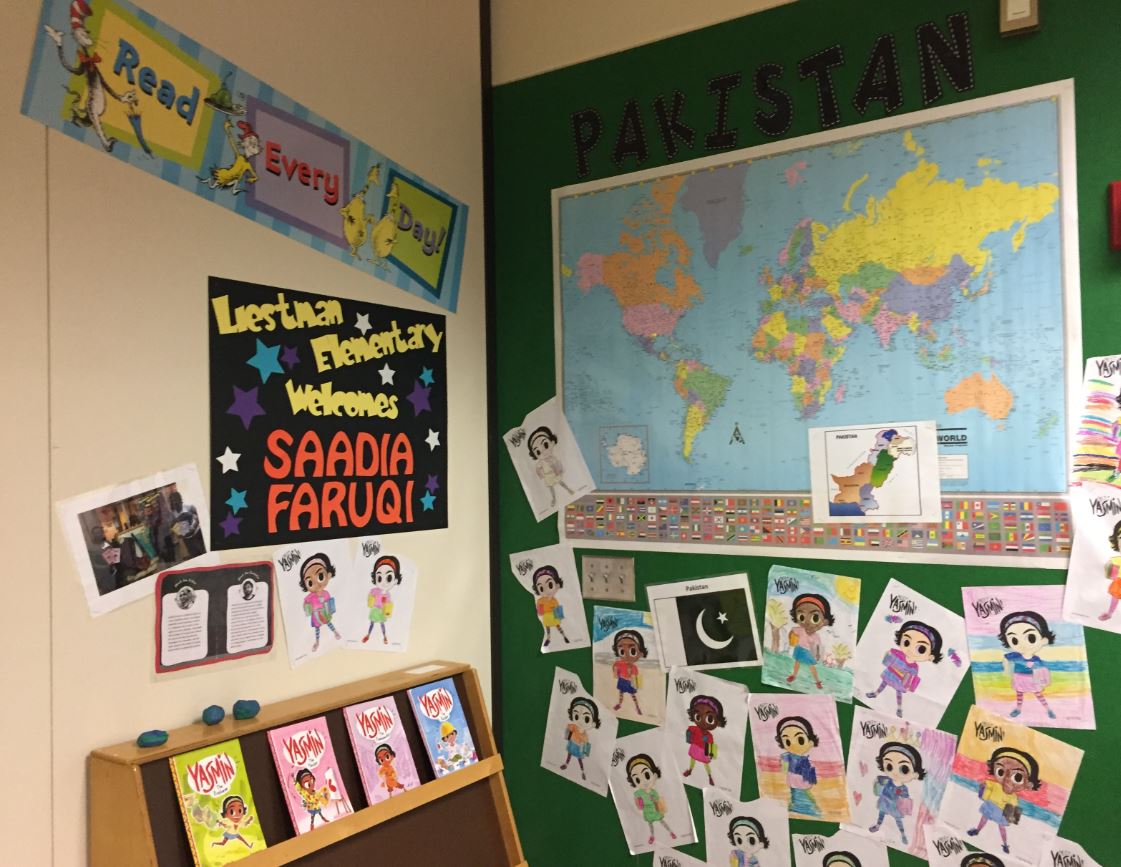 The 2nd Grade -Rhodes/Verge- BOOK CLUB @LiestmanES has a corner
dedicated to the Yasmin books by @SaadiaFaruqi after she visited us.  #ChildrensBookClub #YASMINChildrensbooks @Alief_Libraries @CapstonePub.