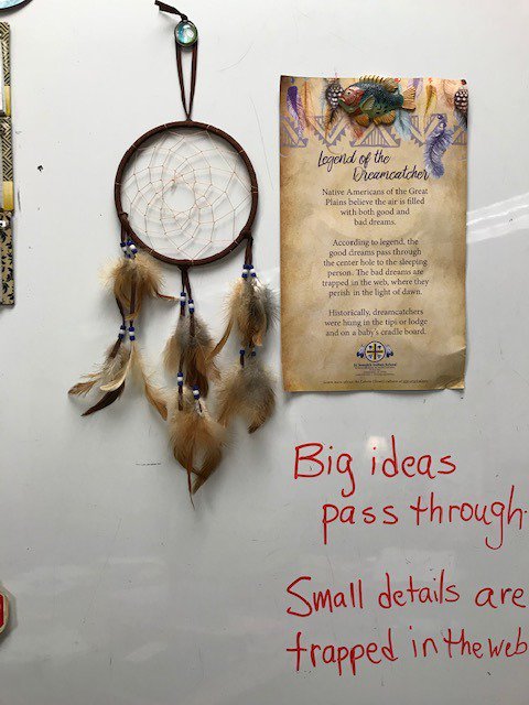 Teaching with metaphor.  Using the dream catcher to explain main idea and details to help students read unfamiliar non-fiction text.  The important ideas flow through and the small details get trapped in the web.
