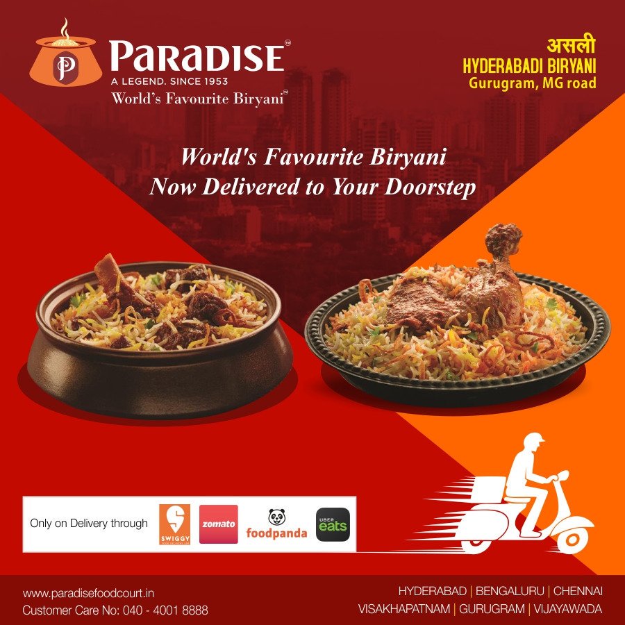 World's favourite Biryani now delivered to your doorstep. If you have a sudden craving for #Paradise Biryani or kebabs, place an order via our delivery partners: Swiggy, Zomato, Food Panda and Uber Eats.We fulfill it quickly from our new cloud kitchen in MG Road, Gurugram.