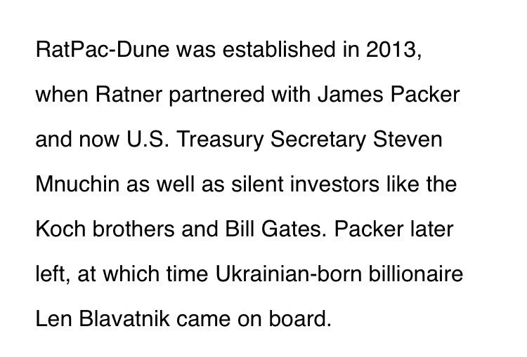 Warner Bros. Declines to Renew Brett Ratner's Financing Deal  Ratner partnered with James Packer, U.S. Treasury Secretary Steven Mnuchin as well as silent investors like the Koch brothers and Bill Gates, Len Blavatnik  https://www.hollywoodreporter.com/amp/news/warner-bros-declines-renew-brett-ratners-financing-deal-1101916