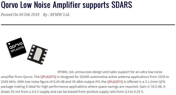 RFMWLtd's tweet photo. Qorvo LNA
QPL6207Q
Low Noise Amplifier supports SDARS
2320 to 2345 MHz, low noise figure of 0.45 dB and 35 dBm output IP3
https://t.co/XxFnvQmicr
#SDARS @QorvoInc #Satellite #LNA #RFMW #Qorvo https://t.co/Kuj1gO9NTV