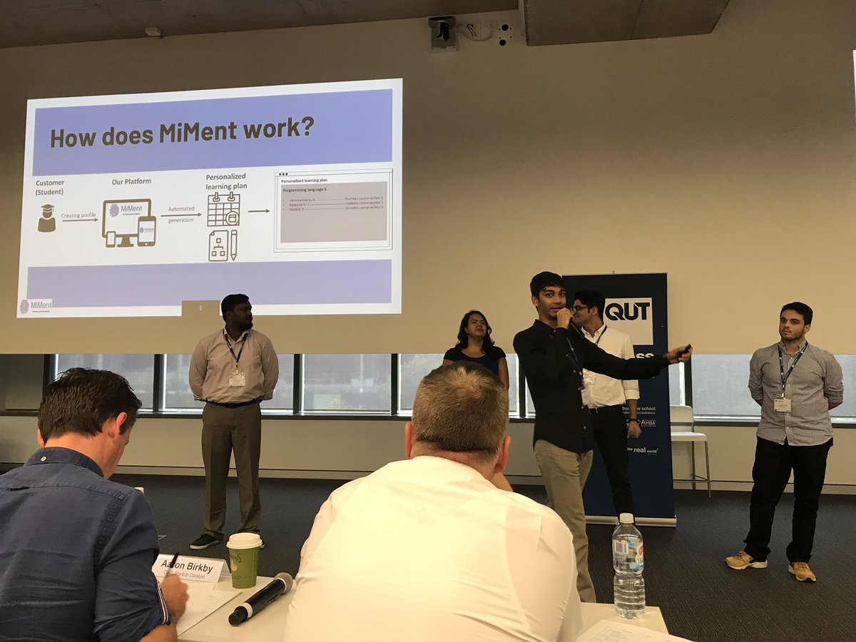 QUTEship's tweet photo. Pitch🎤finals of @MITbootcamps at @QUT: #MiMent = personalised, gamified, #learning to 1st help🇮🇳 CS grads to bridge uni to #work #skills-gap https://t.co/kImamD4wfT