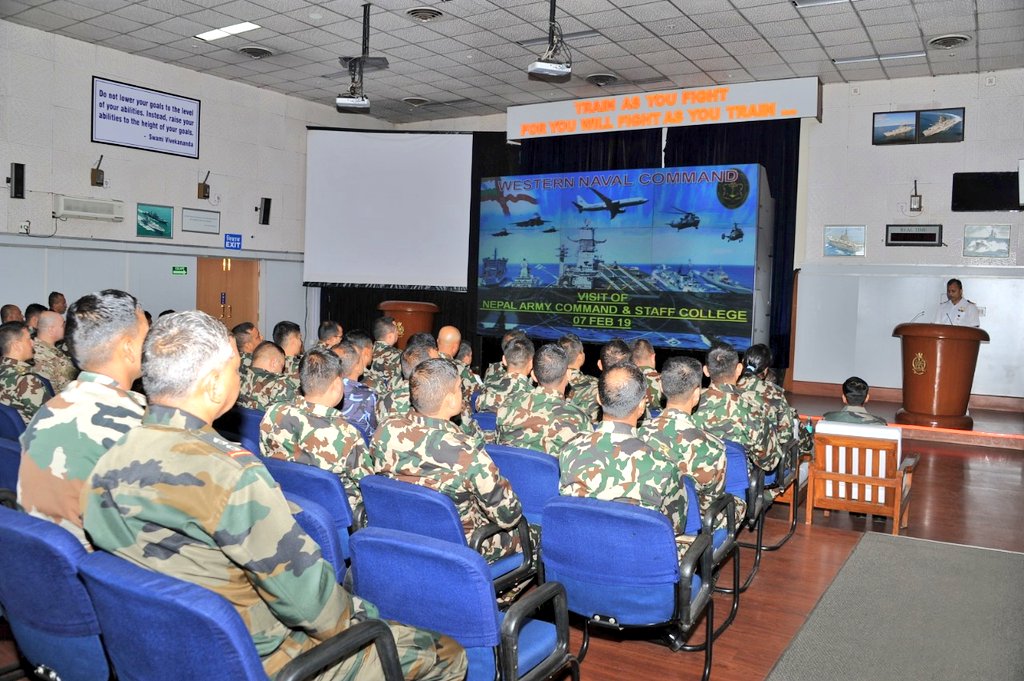#BridgesofFriendship MajGen Ishwar Hamal, Comdt, Nepal Army Command & Staff College, accompanied by 46 officers visit HQWNC. They were briefed abt charter &  capabilities of Command at MWC(Mbi) by Director Cmde S Kesnur. NACSC Offrs were also taken on a tour of Naval Dockyard.