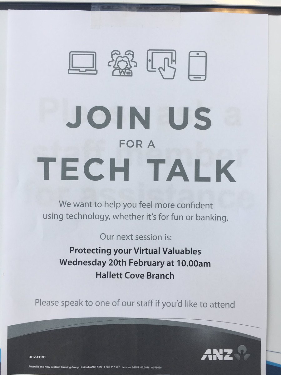 ANZ Hallett Cove would like to invite you to this months TECH TALK Wednesday the 20th of February at 10.00.  Come and learn all about VIRTUAL VALUABLES, book now and save your spot we would love to see you there.<a href="/Howe2Frank/">Frank</a> <a href="/julie_grills/">Julie Grills</a> <a href="/larissa_beeson/">Larissa Beeson</a>