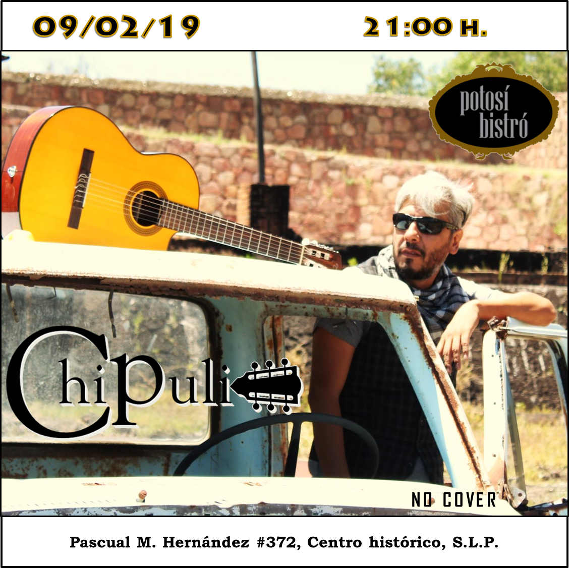 Nos vemos este sábado 09 de febrero en <a href="/potosibistro/">Potosí Bistróᅠᅠᅠᅠᅠᅠᅠᅠᅠᅠᅠᅠᅠᅠᅠᅠᅠᅠᅠ</a>, escucharemos material propio y algunos clásicos del rock y de la trova. 🎸

#chipulioficial #cantautor #musica #trova  #rock #acustico #blues #musicaenvivo