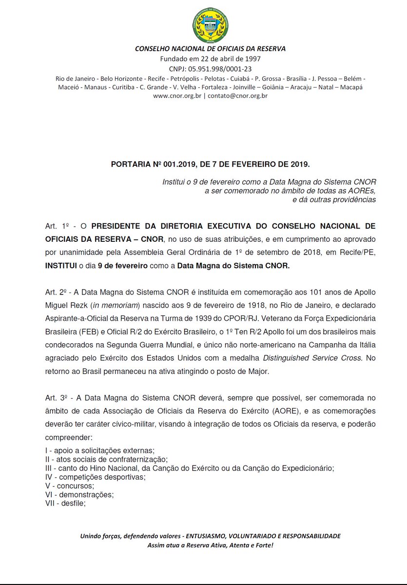 CNORBRASIL's tweet photo. Portaria CNOR nº 001.2019, institui o 9 de fevereiro como a Data Magna do Sistema CNOR, em homenagem aos 101 anos do Major Apollo Miguel Rezk.
#MajApollo #heroidaFEB #OfR2 #Reserva #DataMagnaCNOR #Apollo101anos #CPOR #heroisdoBrasil #9fevereiro https://t.co/AEsUYbvdjh