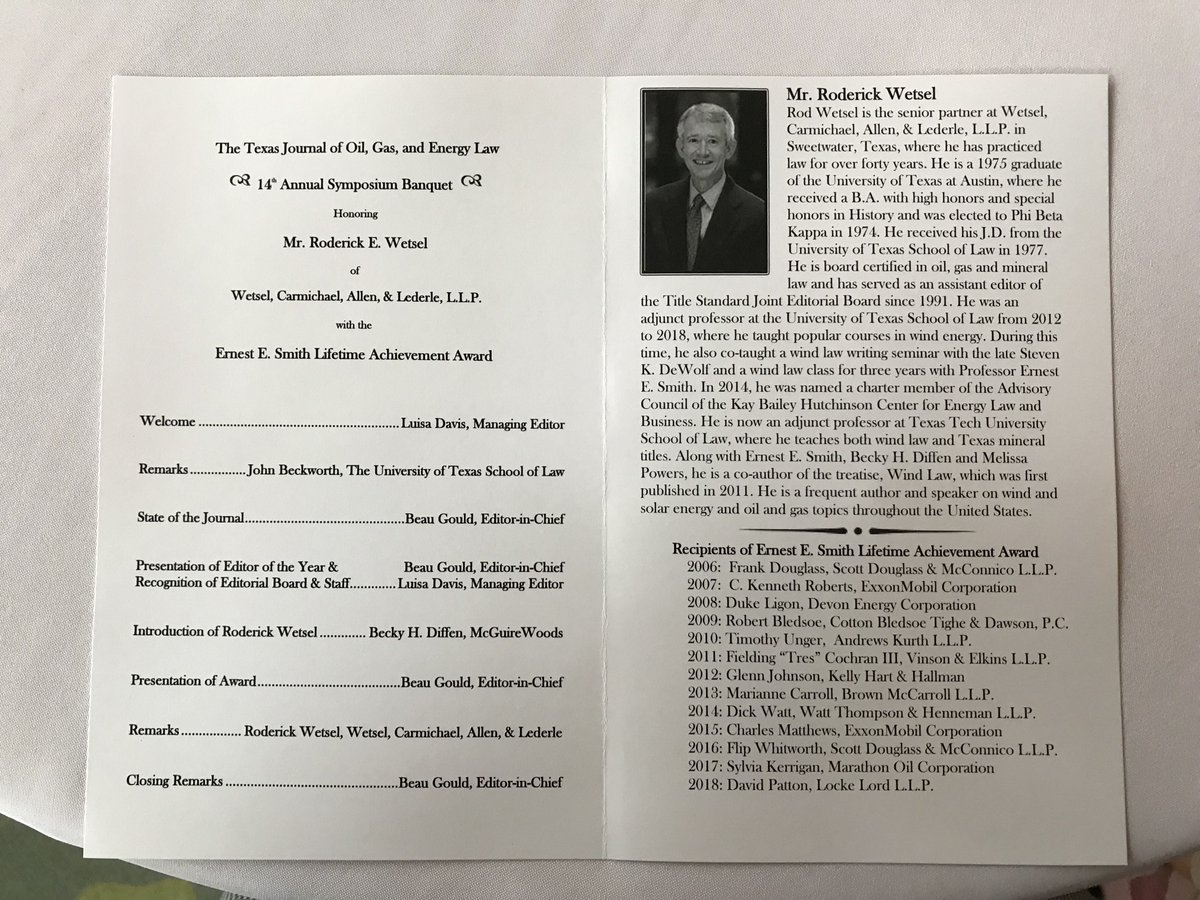 SweetwaterTXedc's tweet photo. Mr. #RodWetsel, Senior partner at Wetsel, Carmichael, Allen & Lederle, LLP, recipient of #ErnestESmith #Lifetime #Achievement Award from the #TJOGEL at the #BullockMuseum in #Austin #Congrats Rod on a well deserved award! #energy #windlaw #oilandgas https://t.co/py6qhW93SY