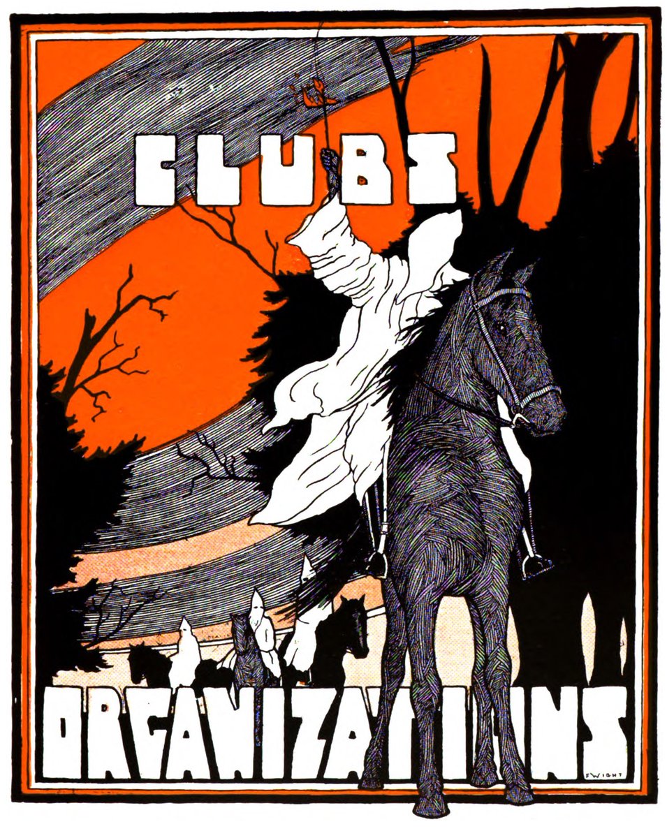 makeller63's tweet image. Klan image in the 1922 UVA Yearbook, Corks and Curls.  How do we begin to talk openly and honestly about a culture that normalized images of terror to the point that one could be used so lightly as an illustration for the club section of a yearbook. #uva