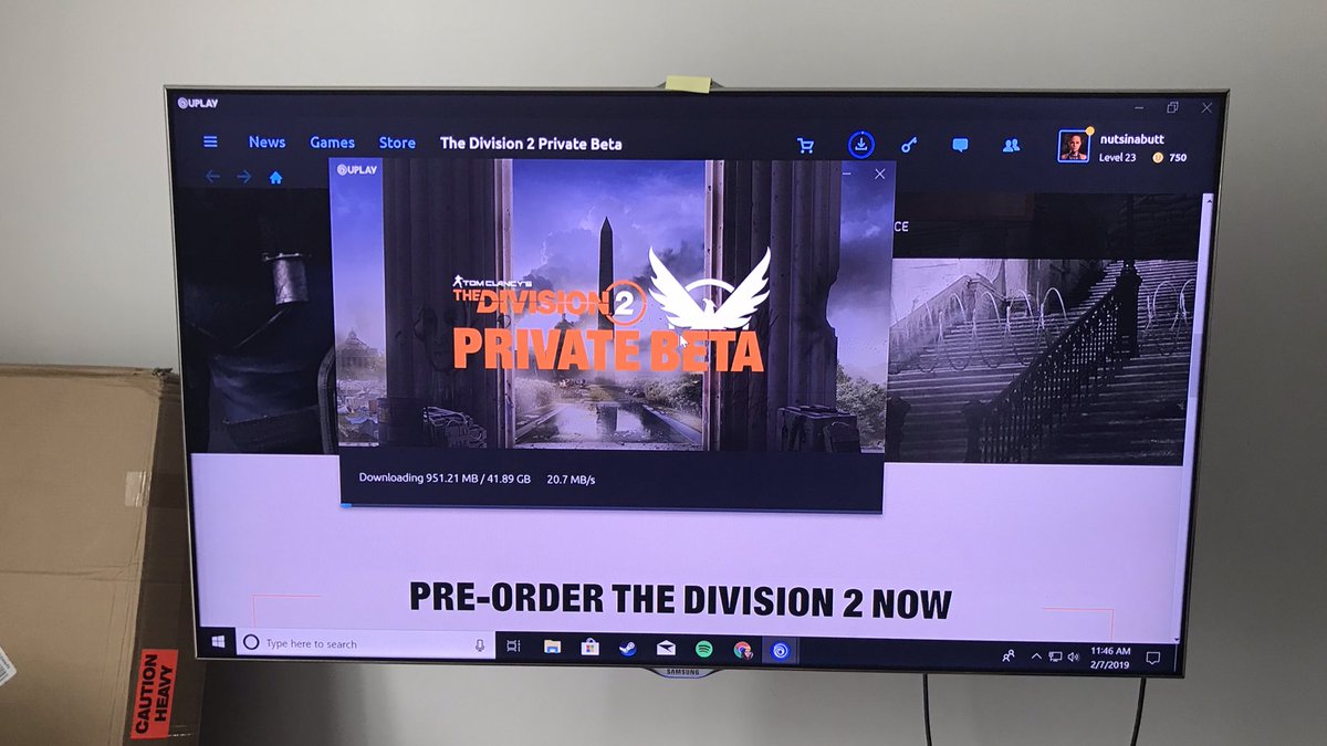 nutsinabutt's tweet photo. Downloaded 41gb of glory on my lunch break today. Too bad @jonotan86 is sick; guess Iโm going into the Dark Zone alone. #imscurred #TheDivision2PrivateBeta #pc #gaming https://t.co/0ibKL5dLjP