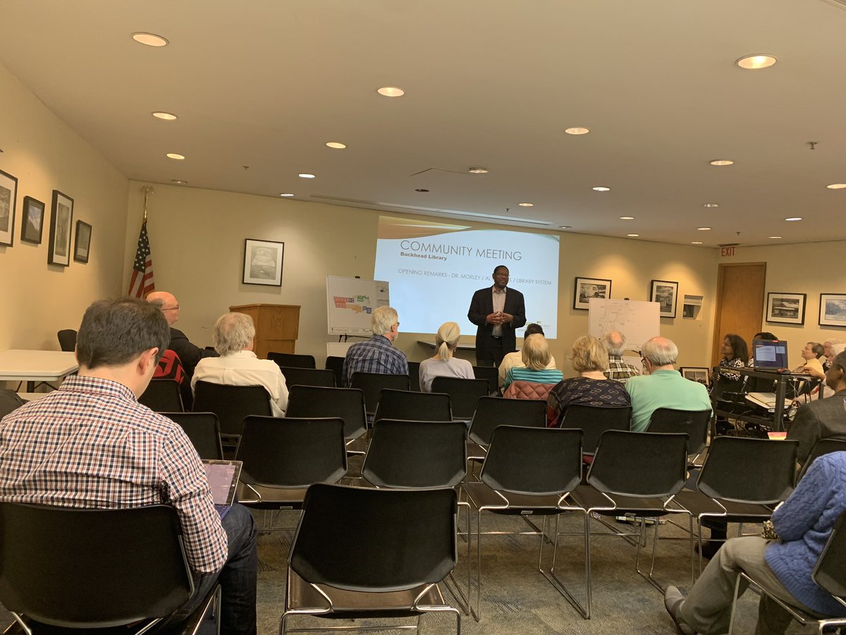 fulcolibrary's tweet photo. Thank you to all who attended tonight’s exciting renovation project meeting at Buckhead Library.  Check our website soon to view the plans for the updated space and to find out when construction begins! #fulcolibrary #librariesrock #libraryrenovations https://t.co/twxWaY2oBh
