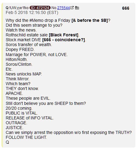 6) Why? You think Q wouldn't save post 666 for something special?Date? Feb 5, a year to the day that the helicopters landed in LA.Look at the names in this post.Apache. This event was YUGE.  #QAnon