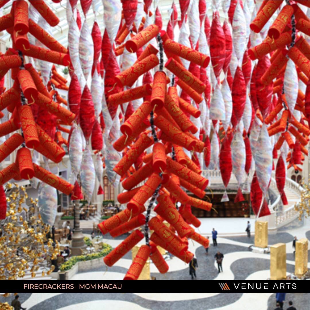VenueArts's tweet photo. Larger-than-life firecrackers created a wonderful celebratory atmosphere in the @MGMMacau  kicking off the Chinese New Year celebration. February 5th marks the new year for 2019. #VenueArts #TBT https://t.co/7eQ2Gz3SSp