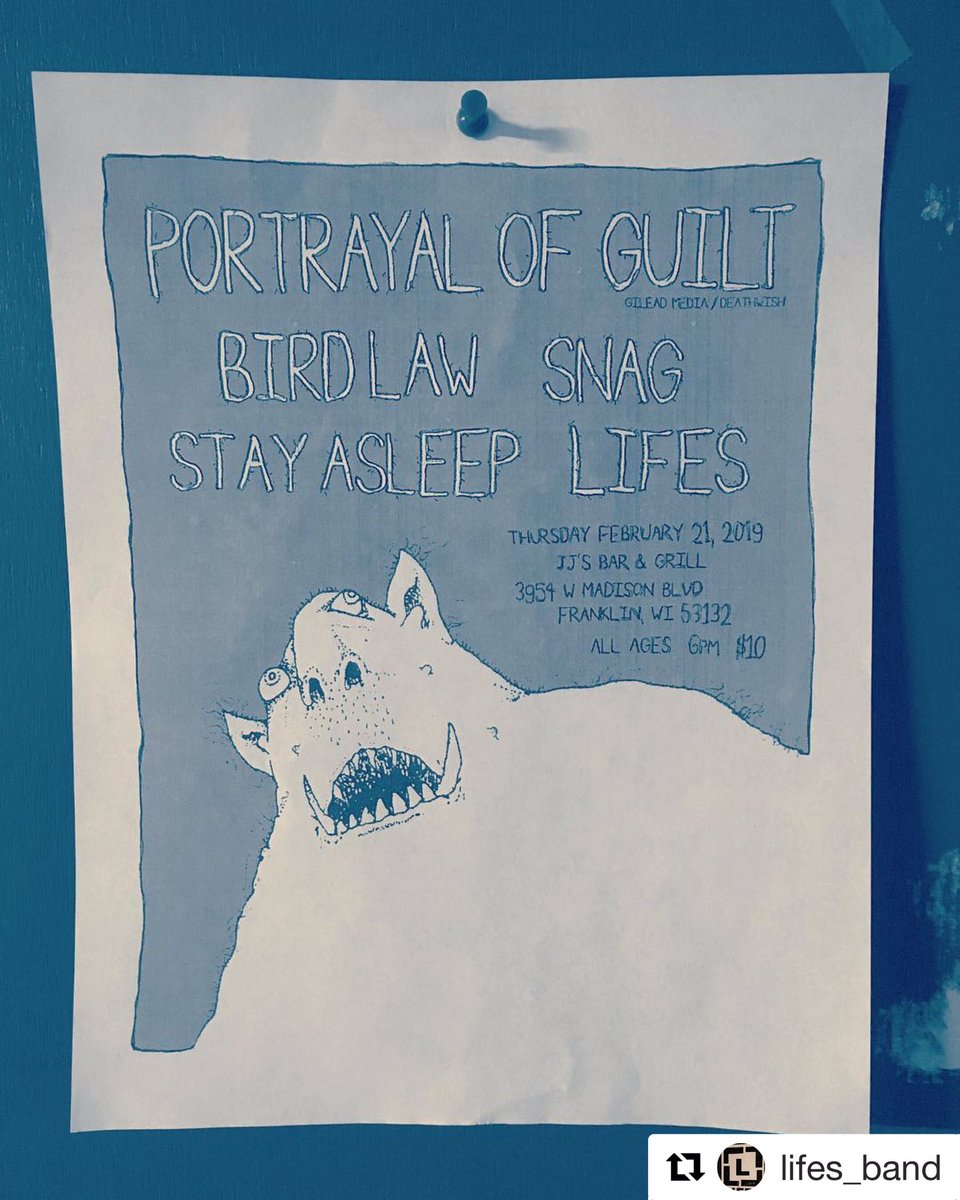 LIFES414's tweet photo. Playing a rad show with a lot of rad flyers and even radder bands.
Thursday, February 21st @ JJ’s Bar &amp; Grill in Franklin, WI w Portrayal of Guilt, Snag, Bird Law &amp; Stay Asleep. 
https://t.co/UpMigoFBIc https://t.co/8JBQS4VZoM