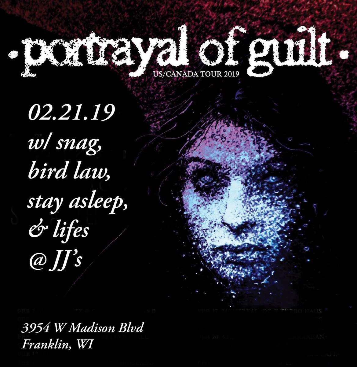 LIFES414's tweet photo. Playing a rad show with a lot of rad flyers and even radder bands.
Thursday, February 21st @ JJ’s Bar &amp; Grill in Franklin, WI w Portrayal of Guilt, Snag, Bird Law &amp; Stay Asleep. 
https://t.co/UpMigoFBIc https://t.co/8JBQS4VZoM