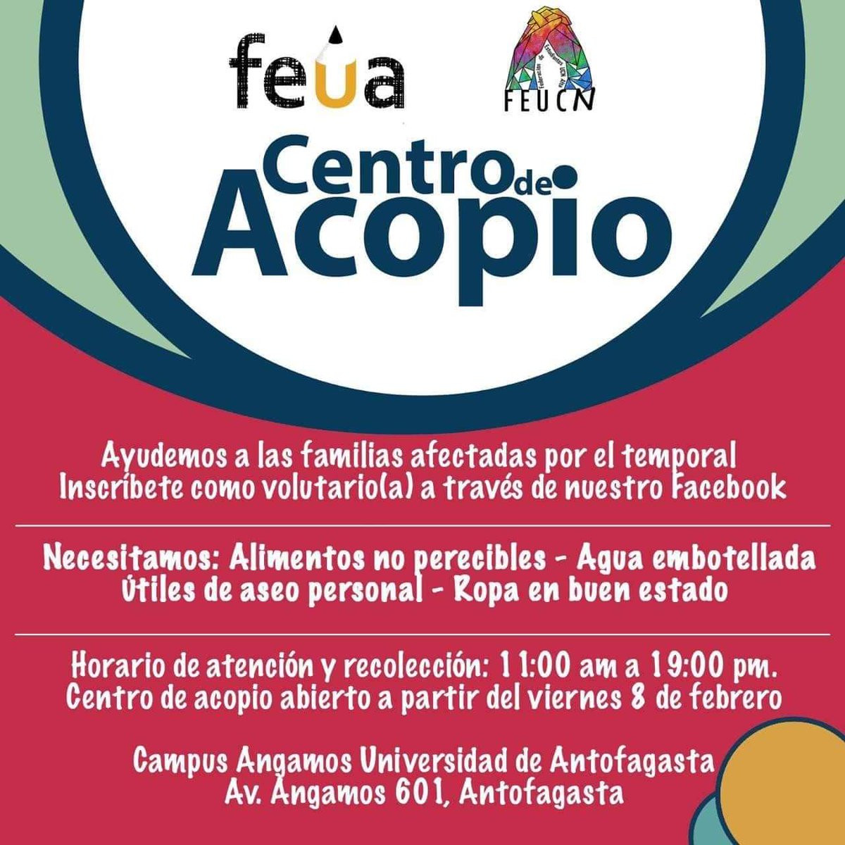 alexvalentin_ch's tweet photo. @tv_monica Ayudame @tv_monica 
#CalamaTambiénEsChile 
Recuerden:
Desde mañana(Vie 8 de Feb 2019) a las 11 am habrá centro de acopio en la U. de #Antofagasta en ayuda a #Calama 

Lleven:
　•　Agua
　•　Ropa
　•　Alimentos no perecibles

#FuerzaRegional
Gracias por RT https://t.co/4N79jjYrLC