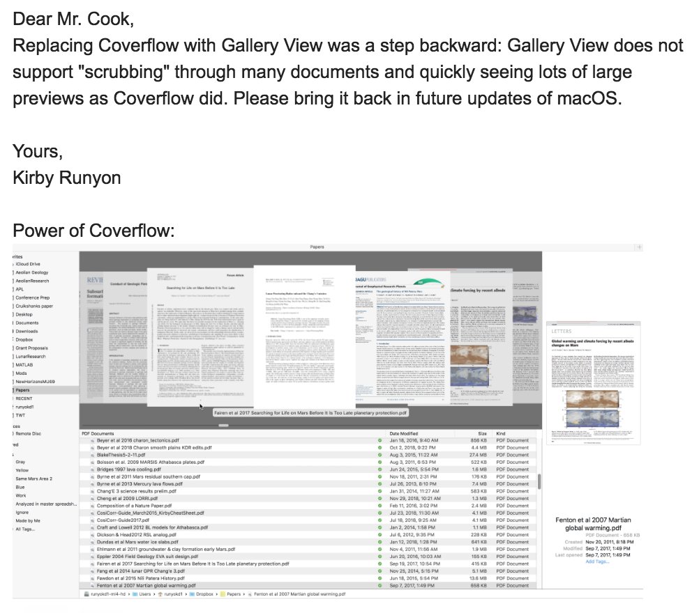 nasaman58's tweet image. I just emailed @tim_cook to bring the Finder&apos;s Coverflow back to macOS after it was replaced with the far less useful Gallery View. @AppleSupport #macOS #Finder #macOSFinder #apple