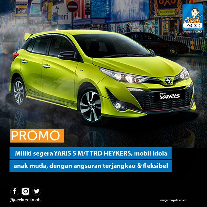 acconeid's tweet photo. PROMO : Warna baru yang menawan, YARIS S M/T TRD HEYKERS mobil idola anak muda, dengan angsuran Rp 4,878,000/bln. Pilihan Paket Kredit #SUPERPREMIUM : https://t.co/rALOefrfNU #MudahnyaKredit #BaiknyadiACC #ACCYes! https://t.co/qOZ0sX1N9U