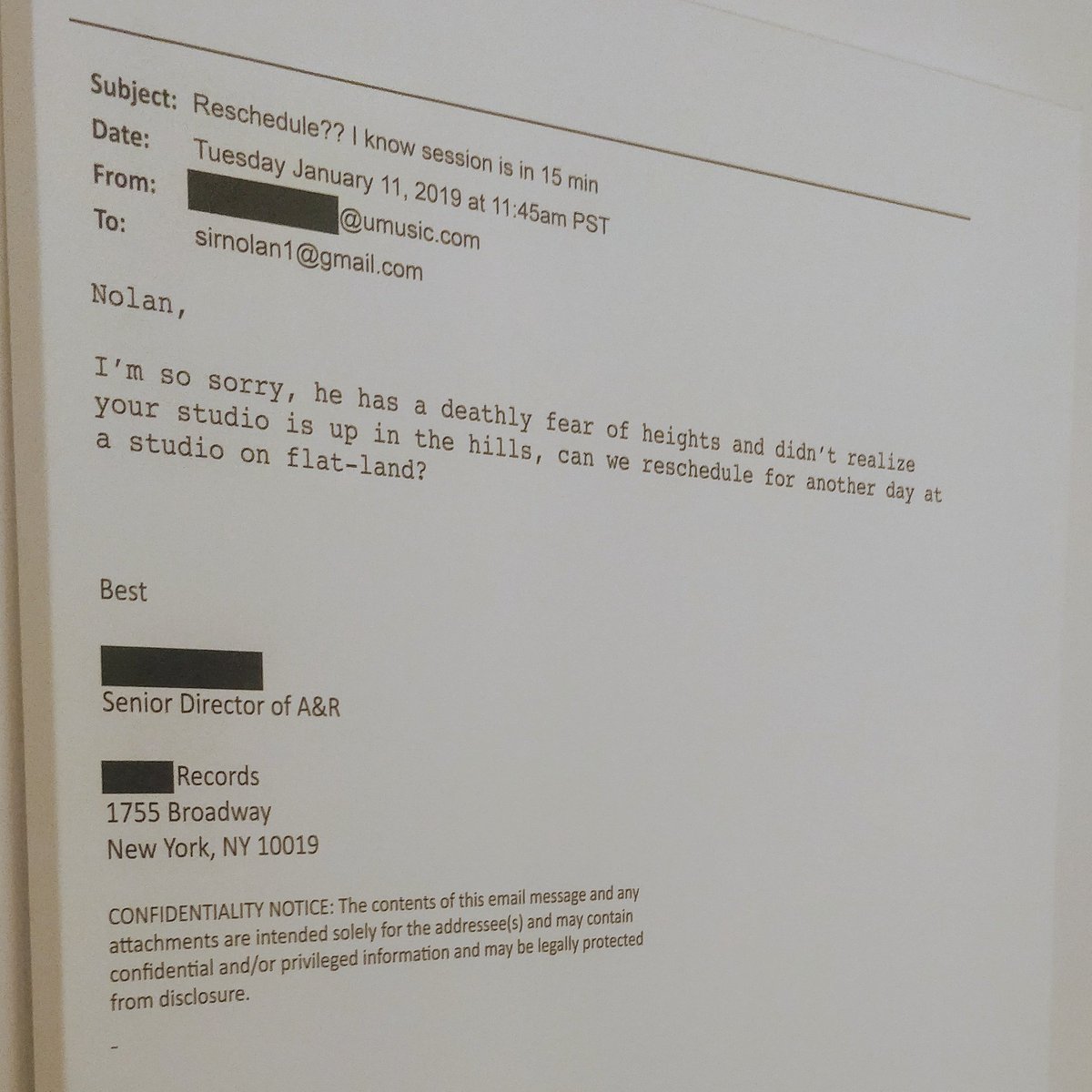 The <a href="/milkhoneyla/">Milk & Honey</a> and Sir Nolan Grammy party tonight was festooned with blown-up images of real life (redacted) emails from record label A&amp;Rs. 'Sound more Spotify.' Genius. #notanotherGrammyparty